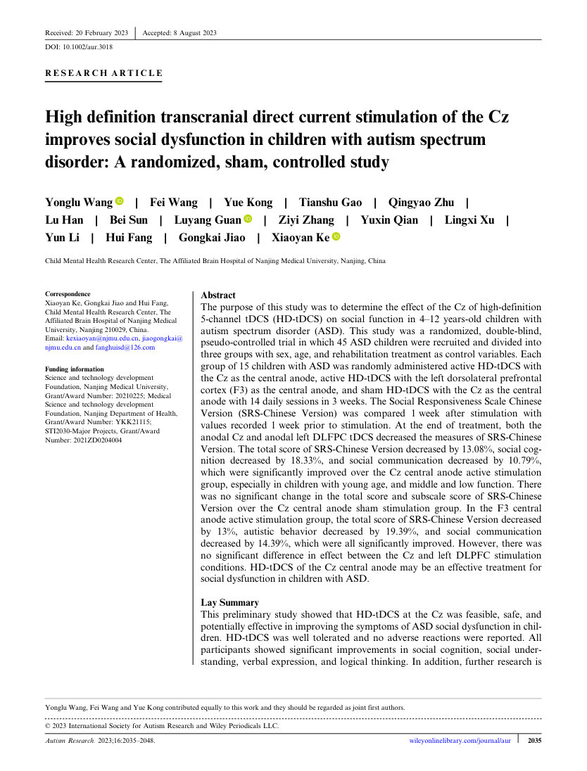 High definition transcranial direct current stimulation of the Cz improves social dysfunction in children with autism spectrum disorder 首页缩略图