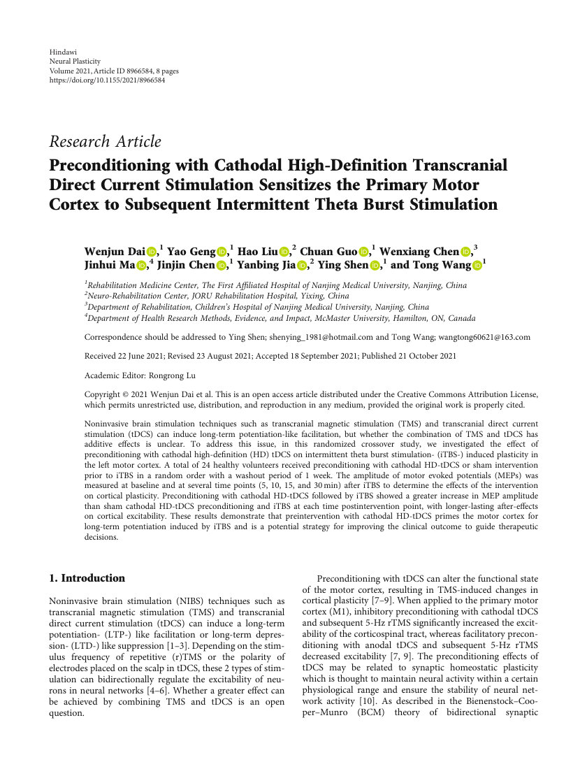 Preconditioning with Cathodal High-Definition Transcranial Direct Current Stimulation Sensitizes the Primary Motor Cortex to Subsequent Intermittent Theta Burst Stimulation 首页缩略图