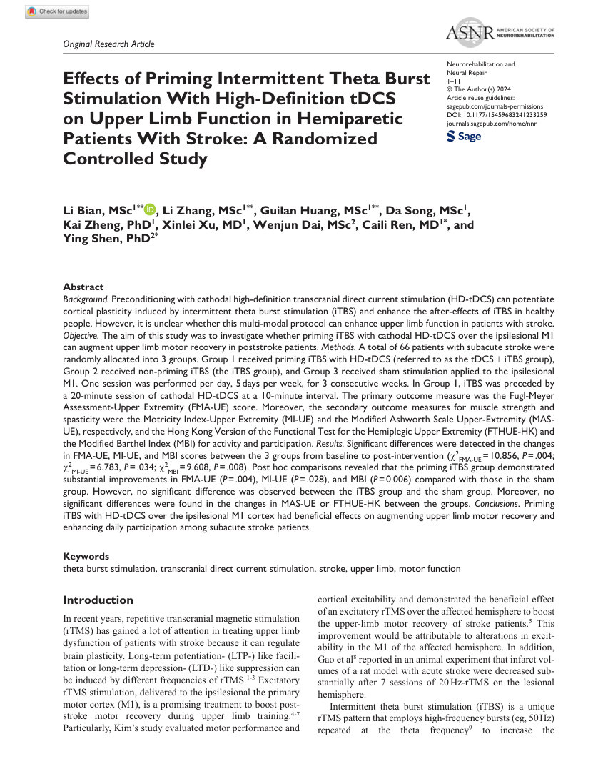 Effects of Priming Intermittent Theta Burst Stimulation With High-Definition tDCS on Upper Limb Function in Hemiparetic Patients With Stroke 首页缩略图