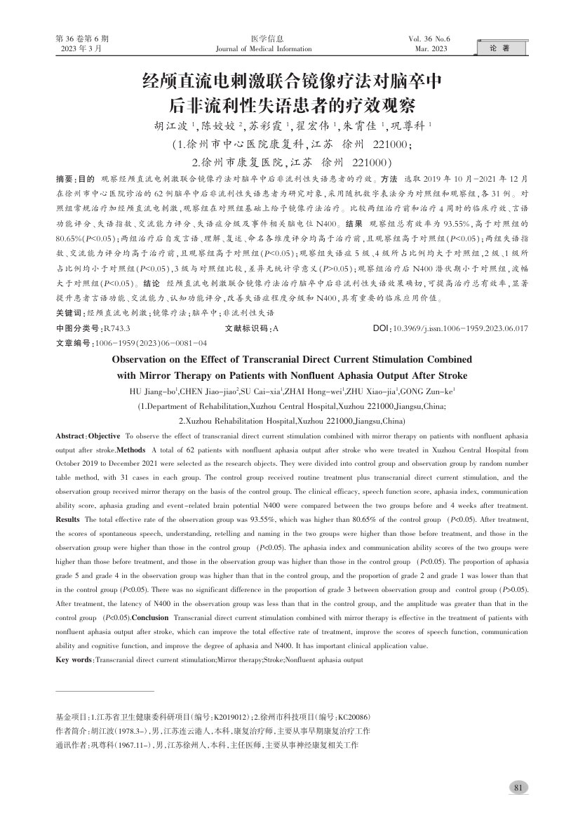 经颅直流电刺激联合镜像疗法对脑卒中后非流利性失语患者的疗效观察 首页缩略图